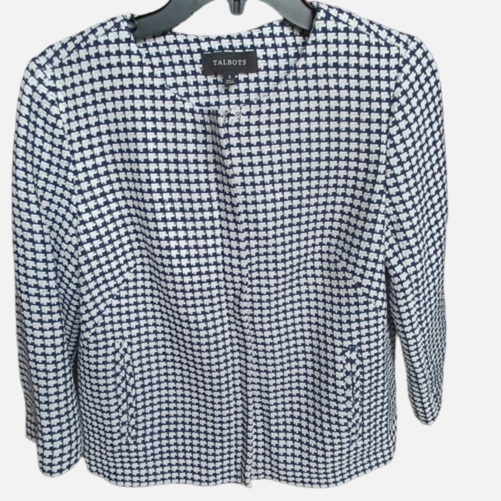 talbots white/ blue checkered zip up jacket/ blazer with pockets sz 6
